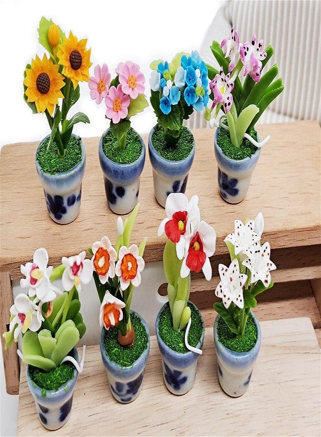 WitnyStore Tiny 2" High 8 Pieces Set Mix Hand Made Artificial Flowers Realistic Colorful Miniature Modelling Clay Flower Pots Brilliant Variety of Imitation House Plant Species Home Decoration - Image 4